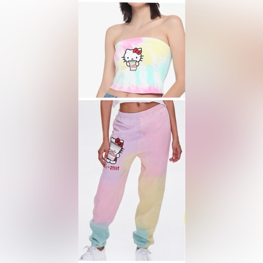 🩷💛🩵 Nissin Cup Noodles X Hello Kitty Rainbow Tie-Dye Tube Top and Sweatpants